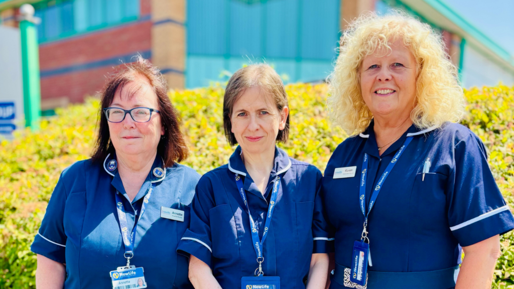 The picture shows three Newlife nurses standing outside Newlife head office